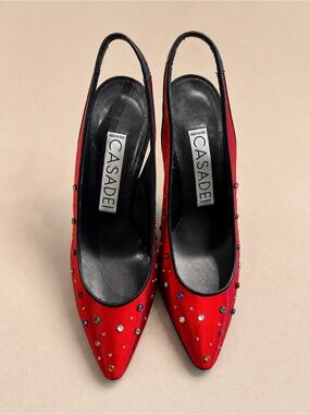 CASADEI Vintage 90s y2k Crystal Satin Slingback Heels 8,5 made in Italy